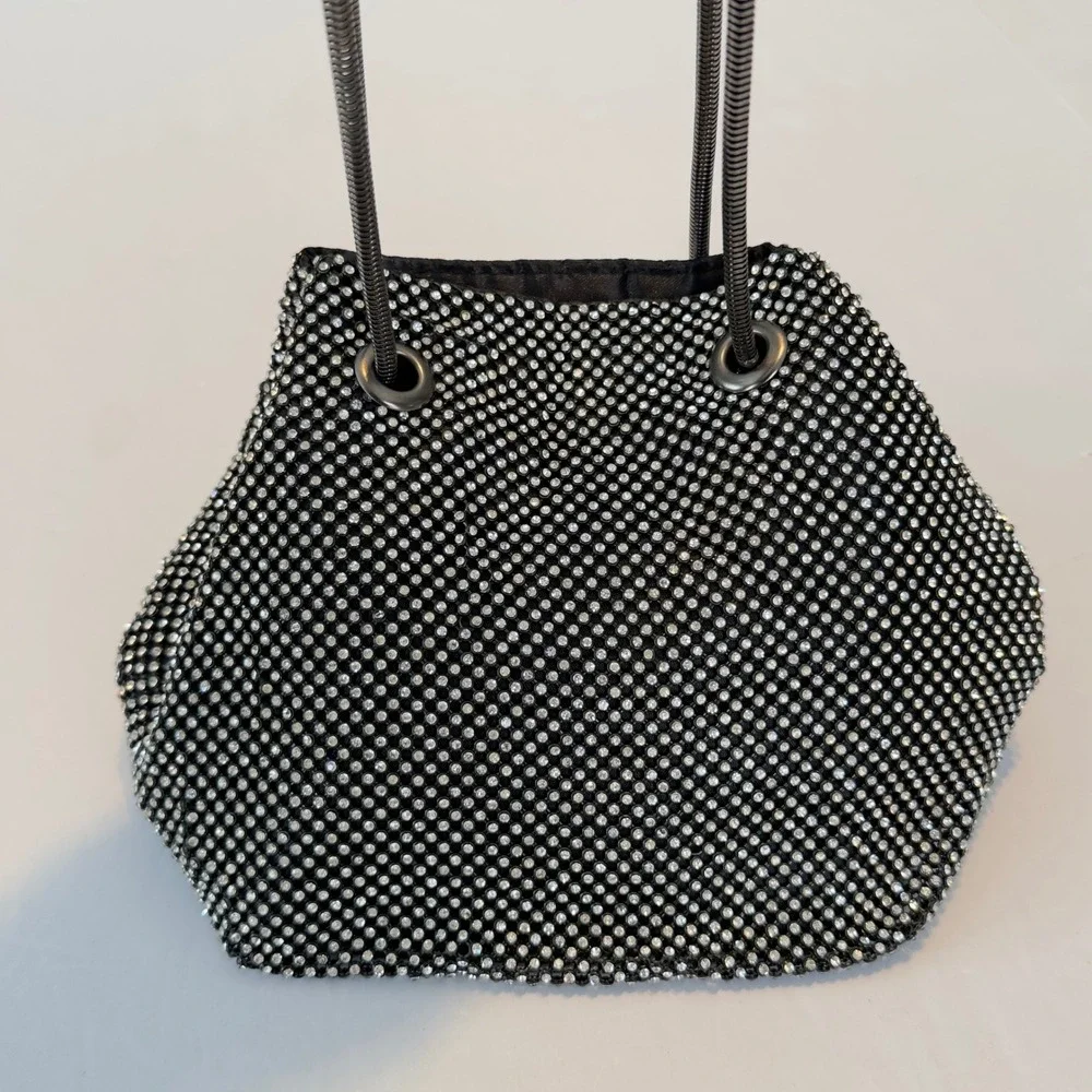Rhinestone Mesh Evening Bag Silver Black Sparkl Snake Chain Handle Slouchy Pouch